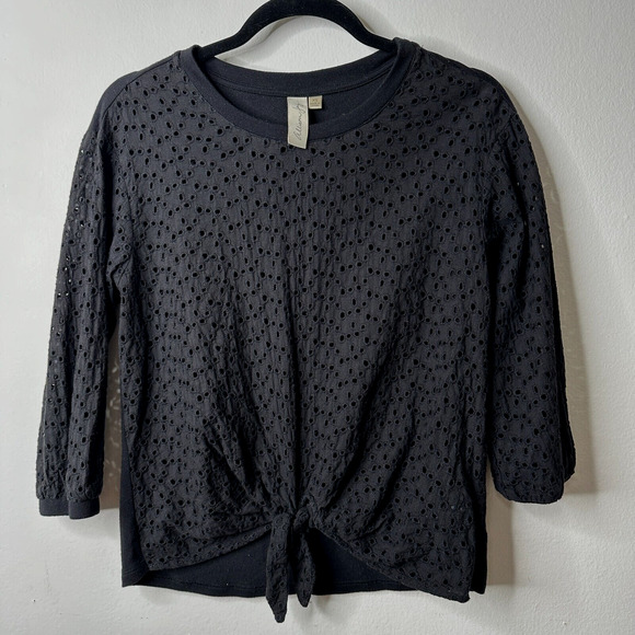 Allison Joy Black Eyelet Lace Front Tie 3/4 Sleeve Round Neck Blouse XS - Picture 1 of 10
